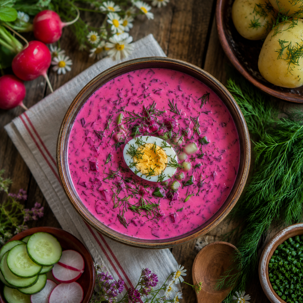 Cold borscht — kholodnyk — served in a bowl with sour cream