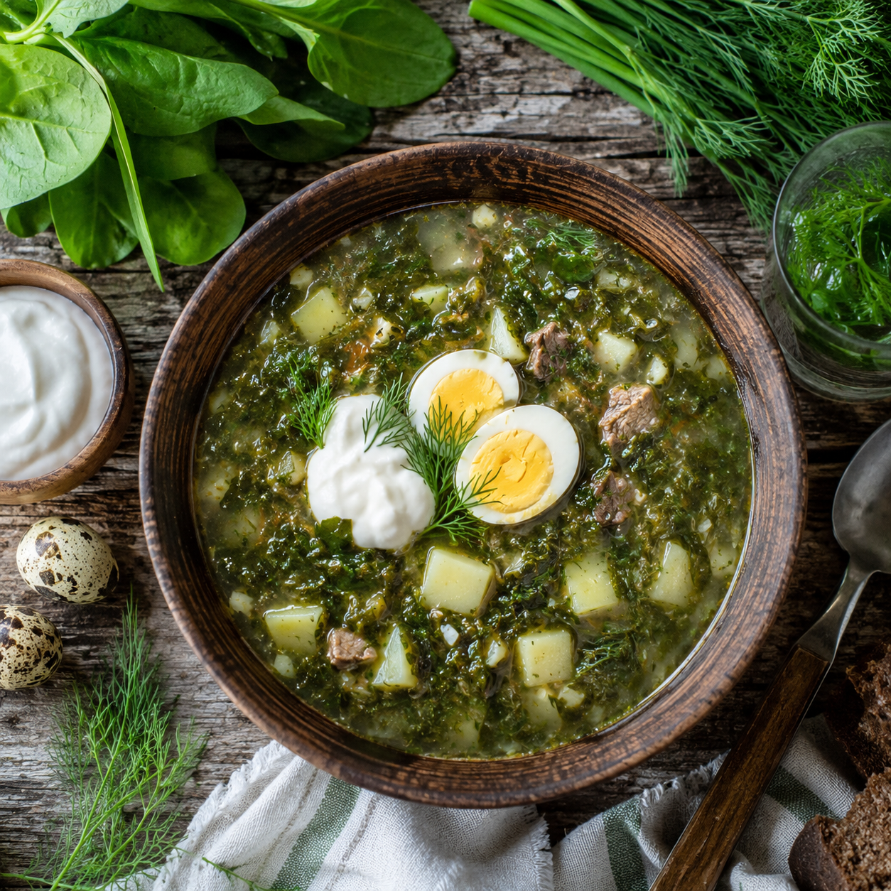 Green borscht made with sorrel, served with a hard-boiled egg