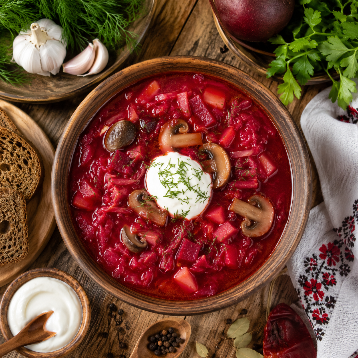 Borscht with mushrooms in a clay bowl